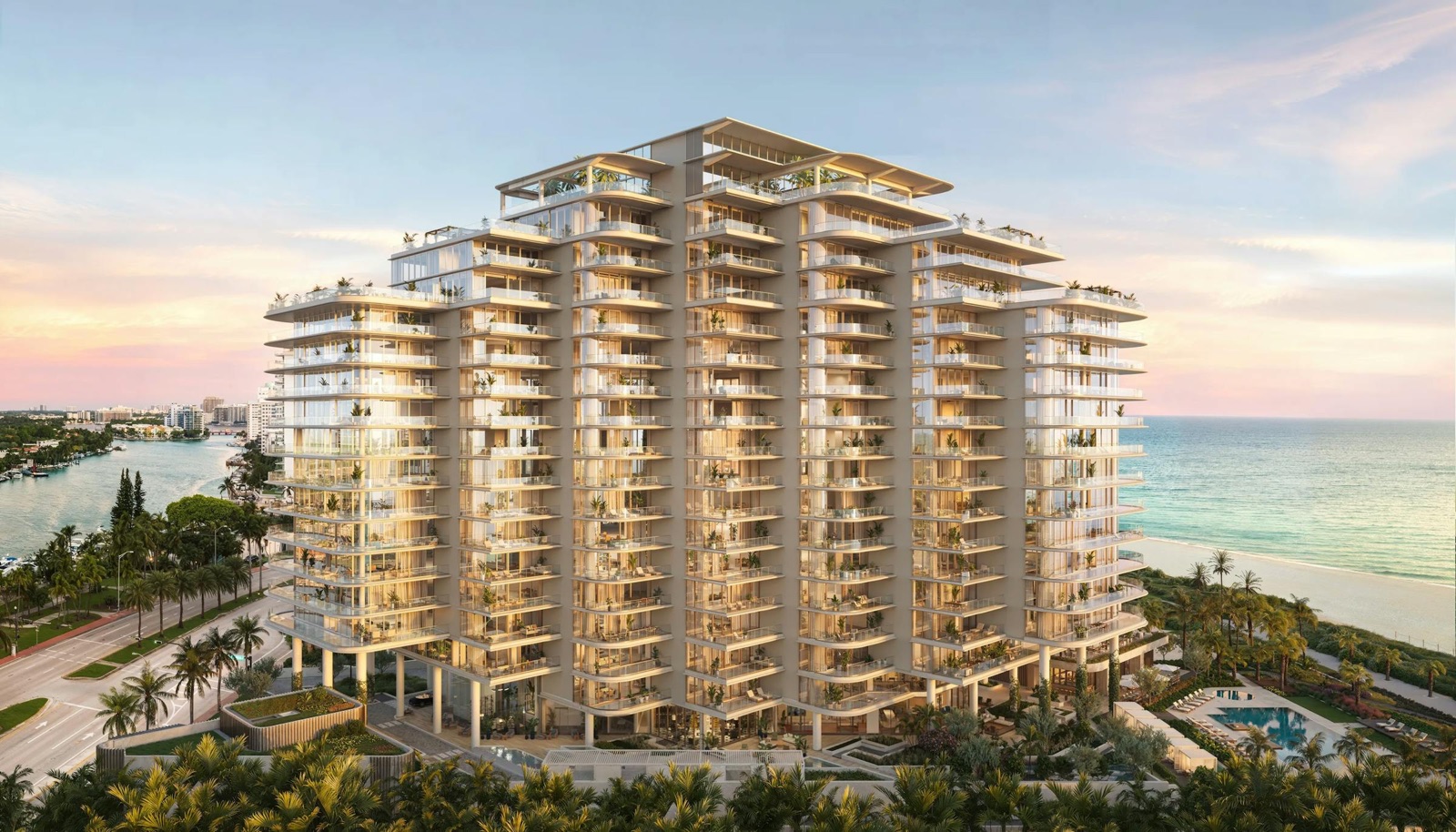 Renderizado oficial de The Perigon Miami Beach, torre de condos frente al mar de 17 pisos diseñada por OMA en 5333 Collins Avenue, Mid-Beach, Miami Beach