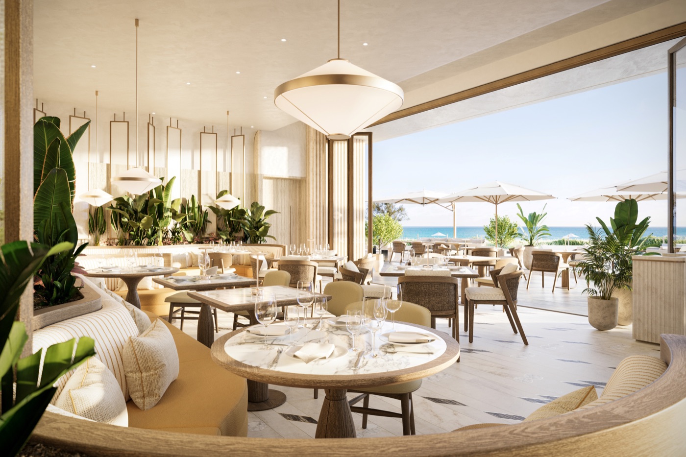 Renderizado del restaurante privado frente al mar de The Perigon Miami Beach por el chef con estrella Michelin Shaun Hergatt