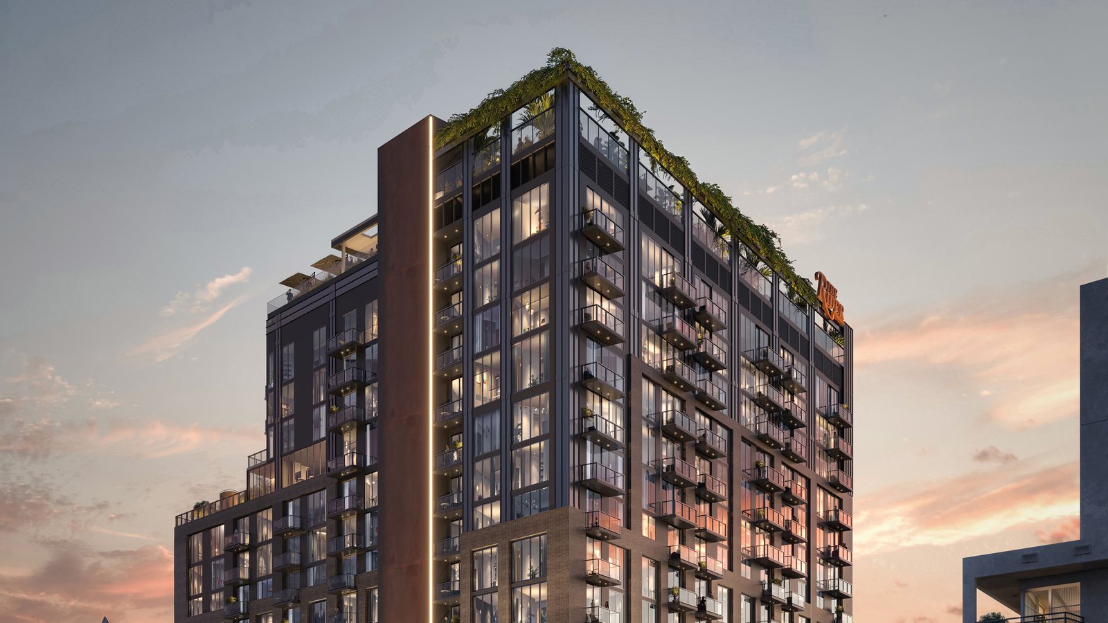 The Rider Residences Wynwood render oficial da incorporadora, condomínio de 12 andares na 94 NE 29th Street ao entardecer