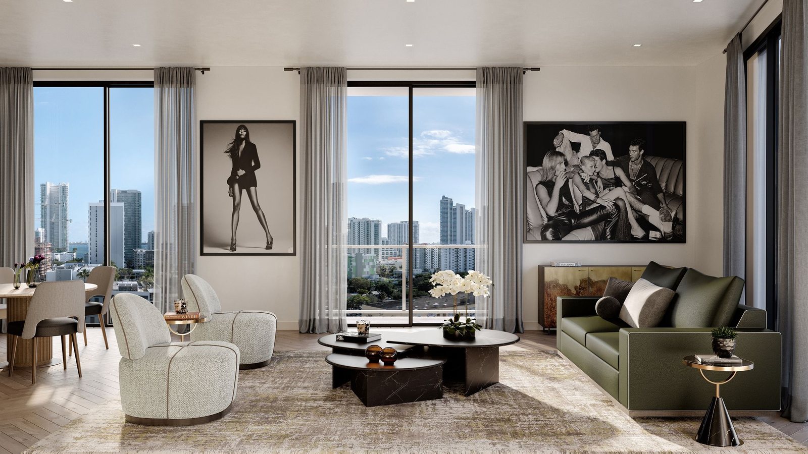 Render da sala de uma residência do The Rider Residences Wynwood com janelas do piso ao teto e vista da cidade