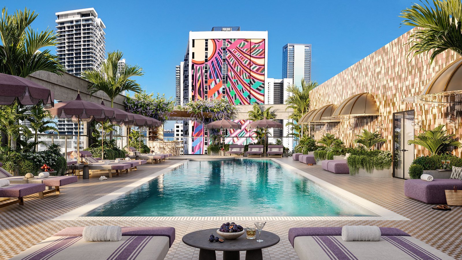 Render da piscina e do lounge na cobertura do The Rider Residences Wynwood com o skyline de Miami e um mural ao fundo