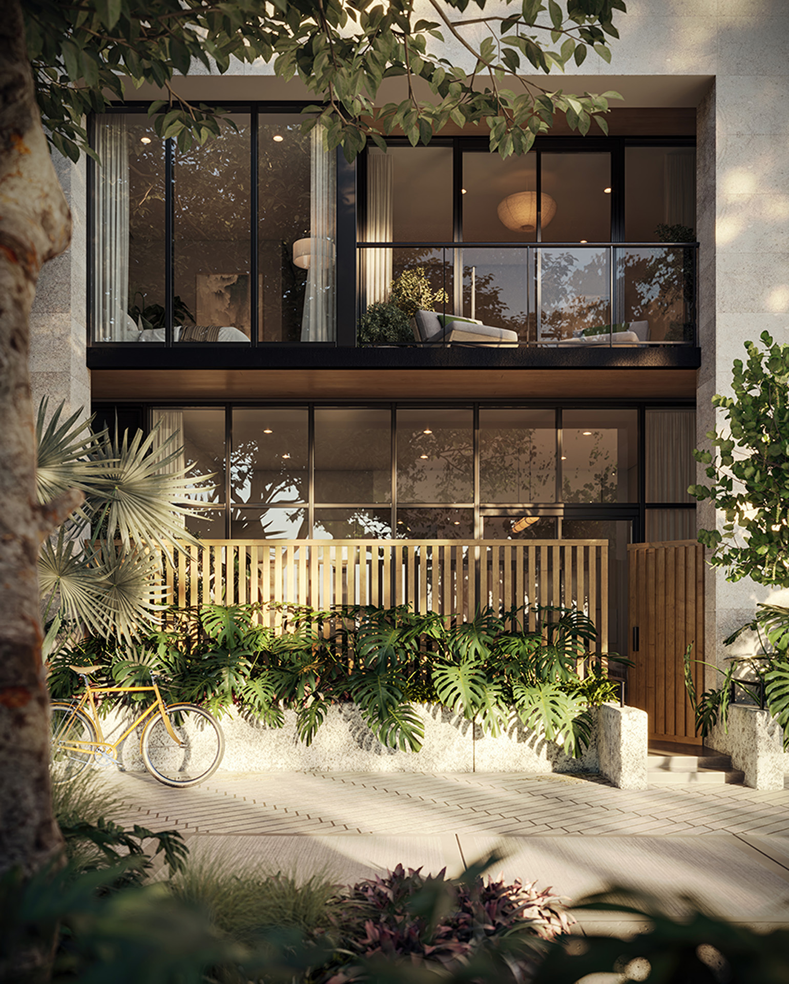 THE WELL Coconut Grove official rendering, eight-story coral-stone wellness building with townhome street entrance at 2835 Tigertail Avenue