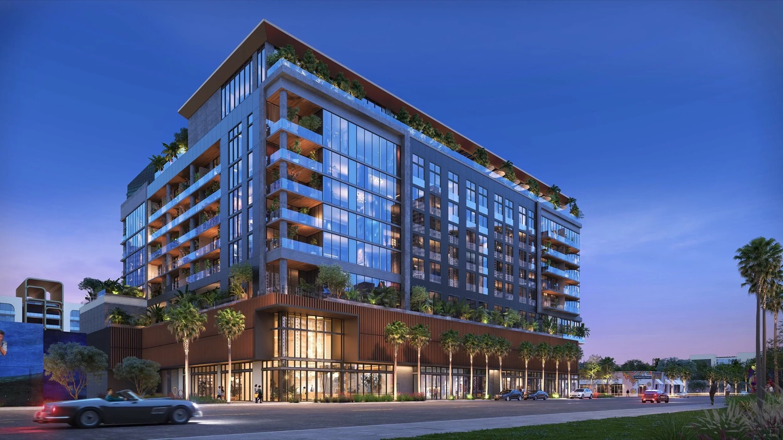 Renderização do TwentySixth & 2nd Wynwood Residences em nível de rua, fachada de oito andares em 223 NW 26th Street, Wynwood
