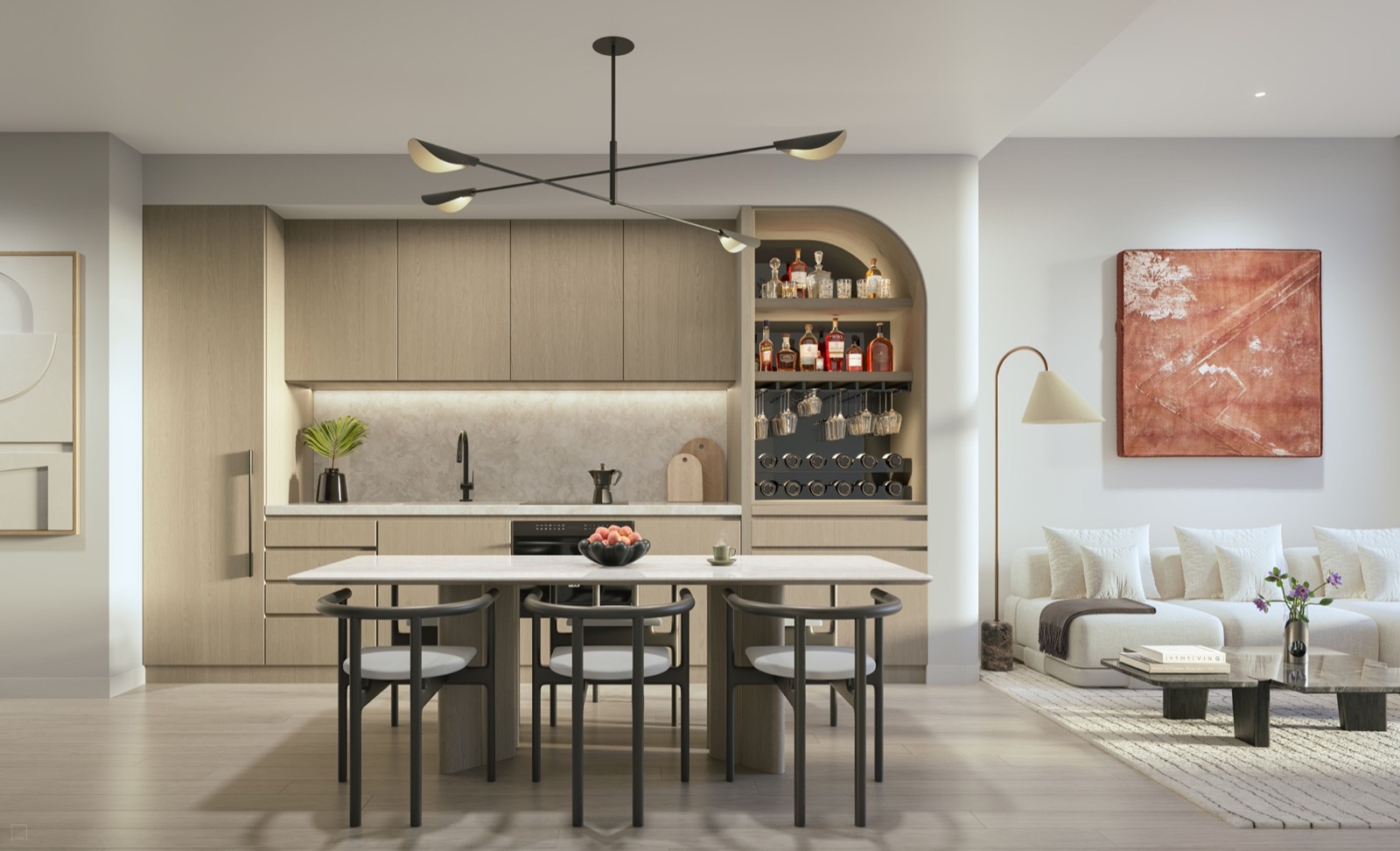 Renderização de cozinha mobiliada dentro de uma residência do TwentySixth & 2nd Wynwood