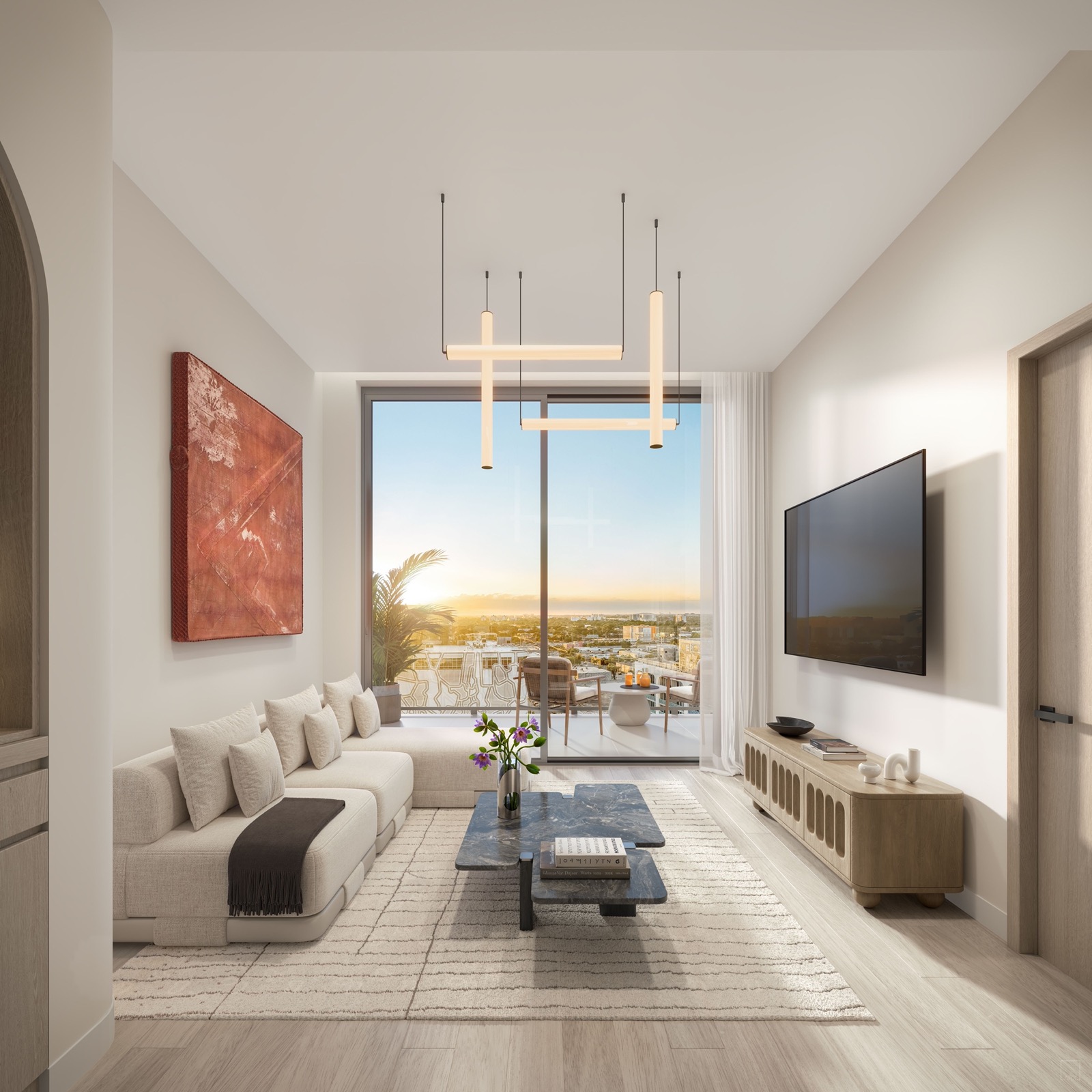 Renderização de sala de estar mobiliada dentro de uma residência do TwentySixth & 2nd Wynwood