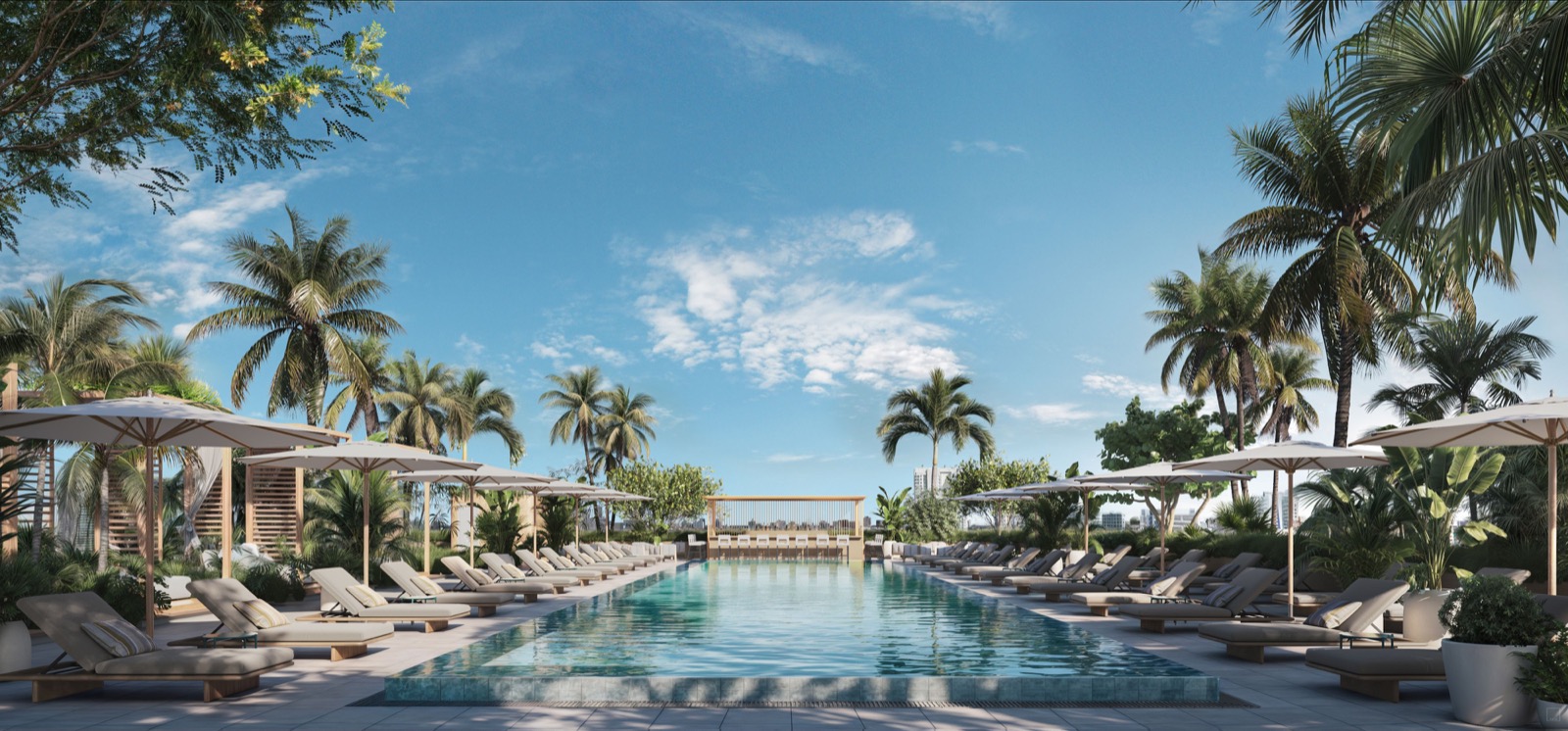 Renderização da piscina e bar na cobertura do TwentySixth & 2nd Wynwood com vistas de Wynwood e do skyline de Miami