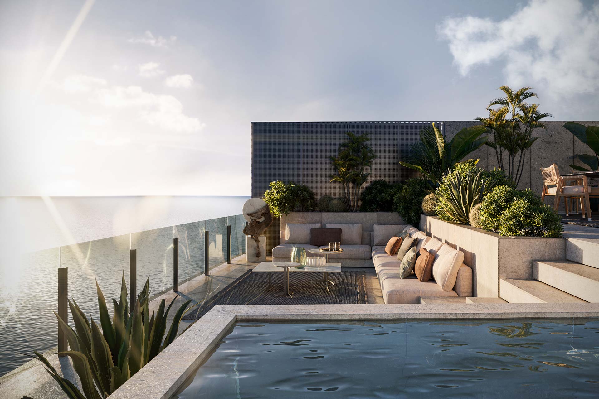 Rendering aereo do Vita at Grove Isle e da ilha Grove Isle em Biscayne Bay em frente a Coconut Grove, Miami