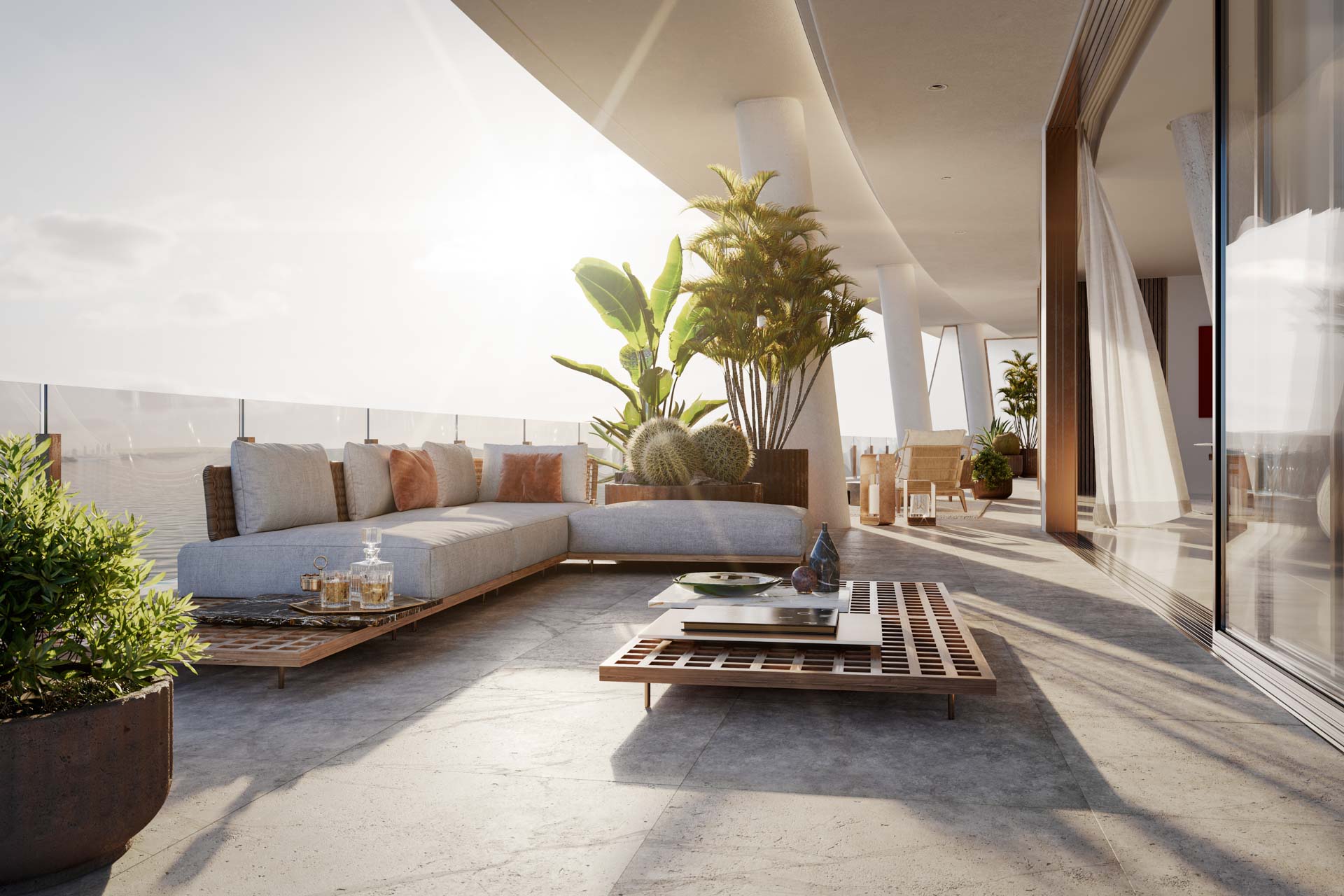 Rendering do interior e varanda do Vita at Grove Isle com vistas para a agua de Biscayne Bay, Coconut Grove