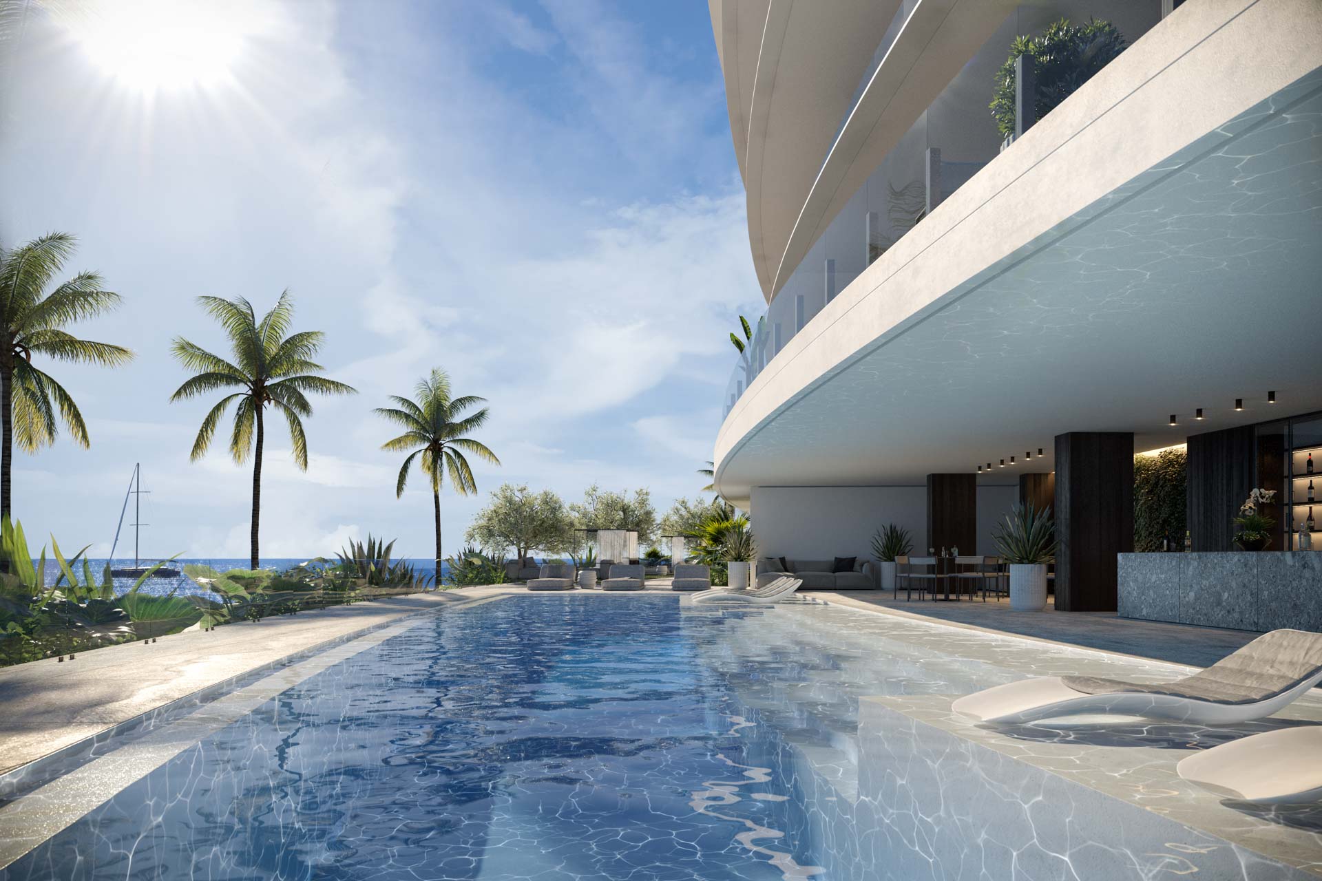 Rendering da orla e frente de mar de Biscayne Bay do Vita at Grove Isle em Grove Isle, Coconut Grove