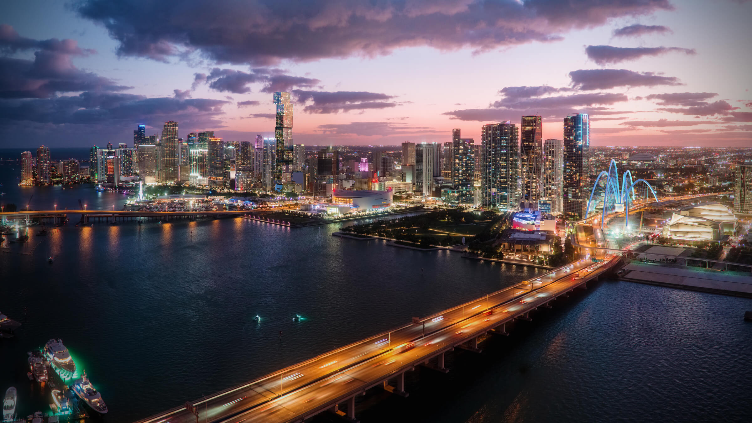 Waldorf Astoria Miami exterior hero shot Downtown Miami skyline