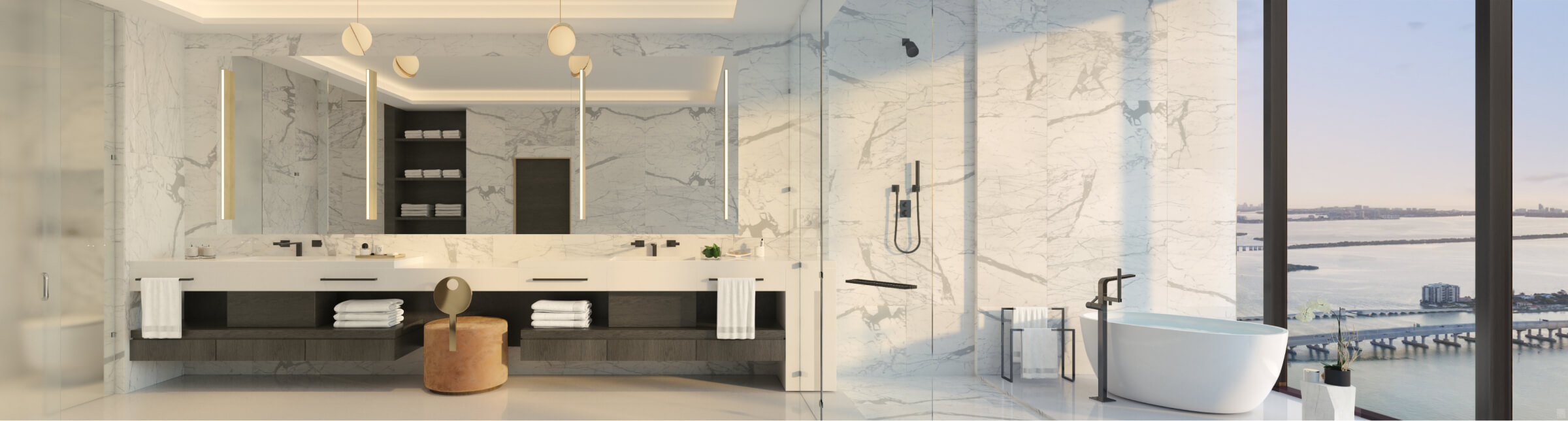 Waldorf Astoria Miami master bath with Toto Washlets and stone finishes