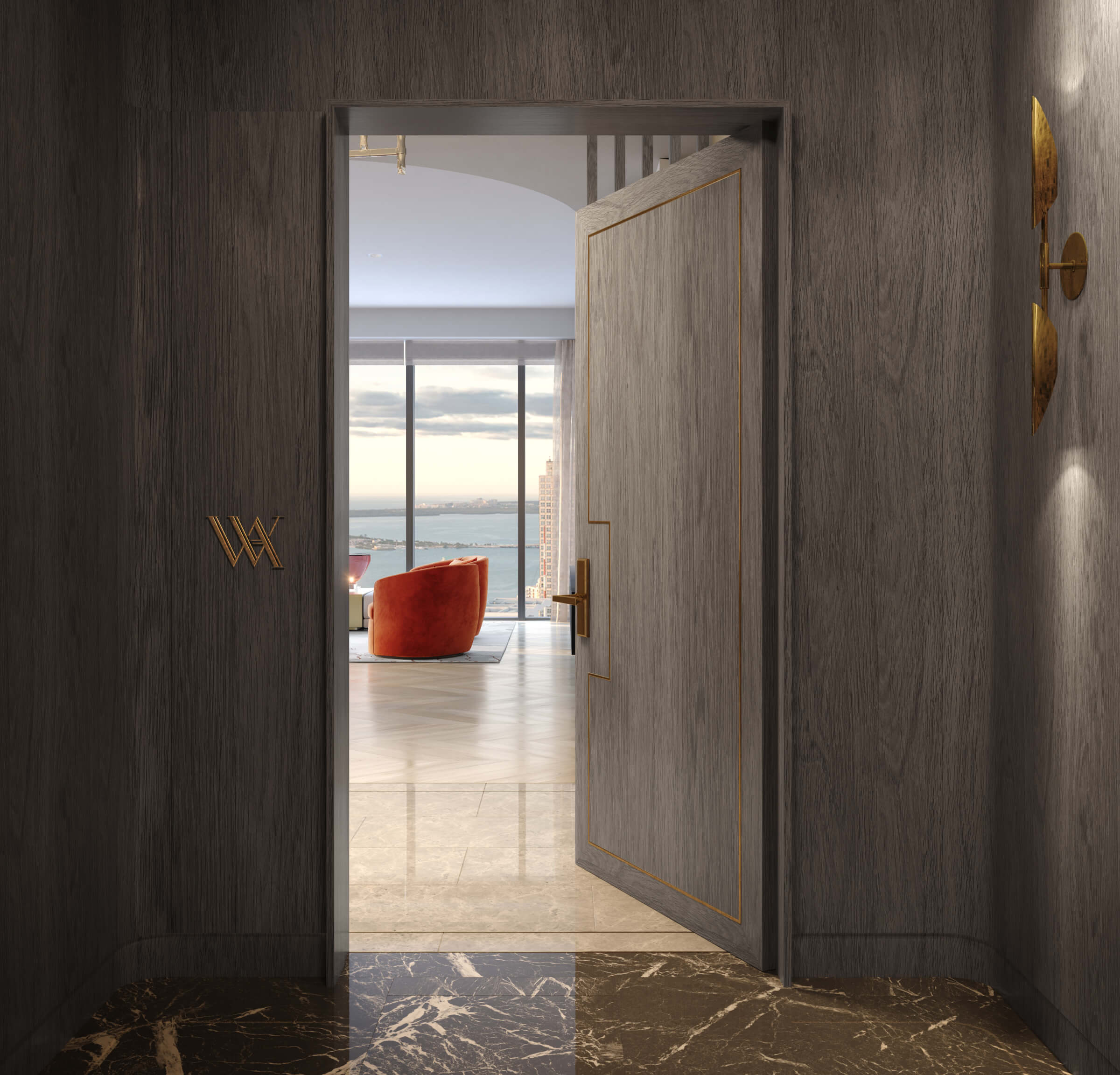 Waldorf Astoria Miami residence private foyer entrance with custom millwork
