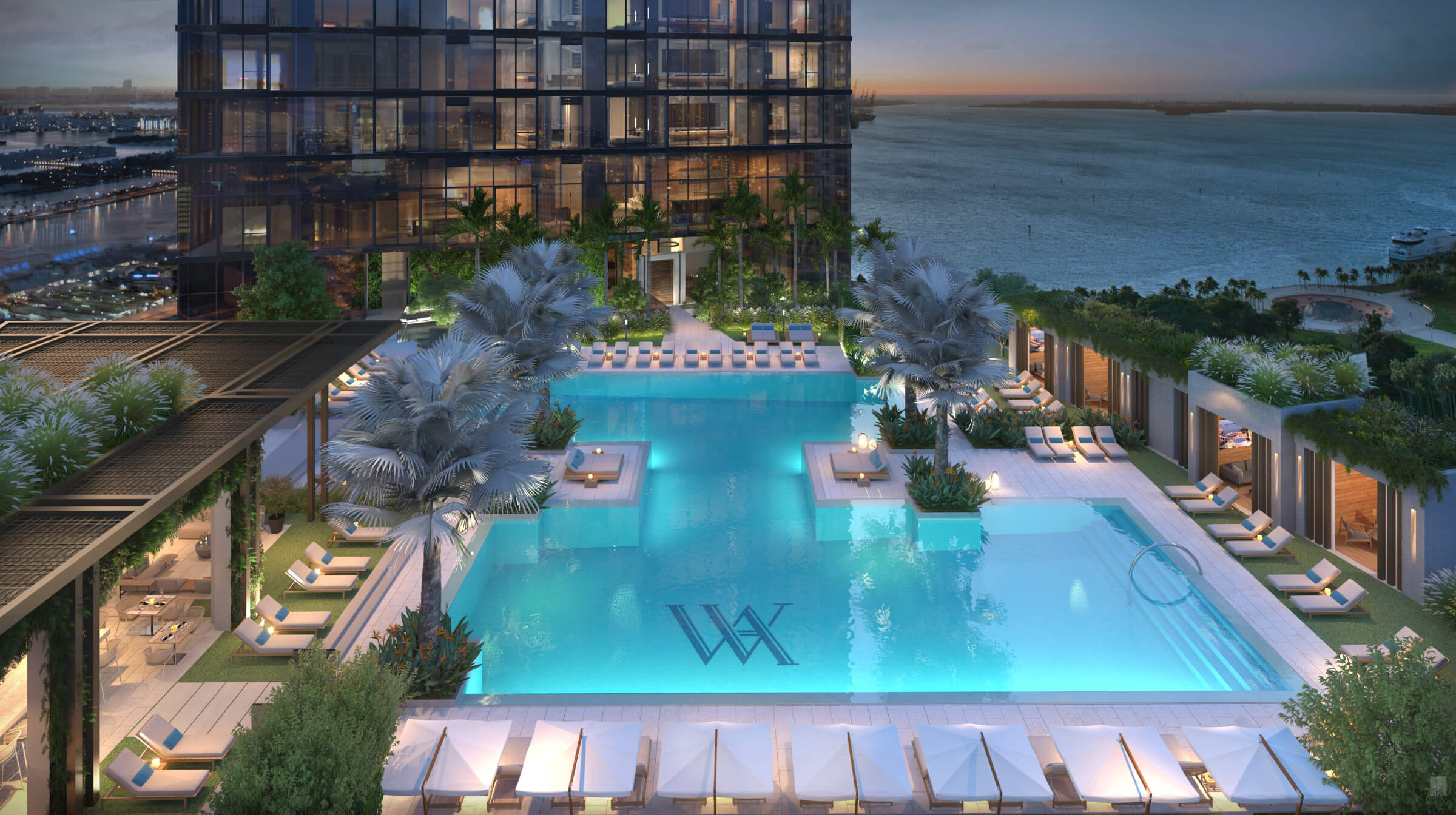 Waldorf Astoria Miami outdoor pool and terrace aerial view rendering