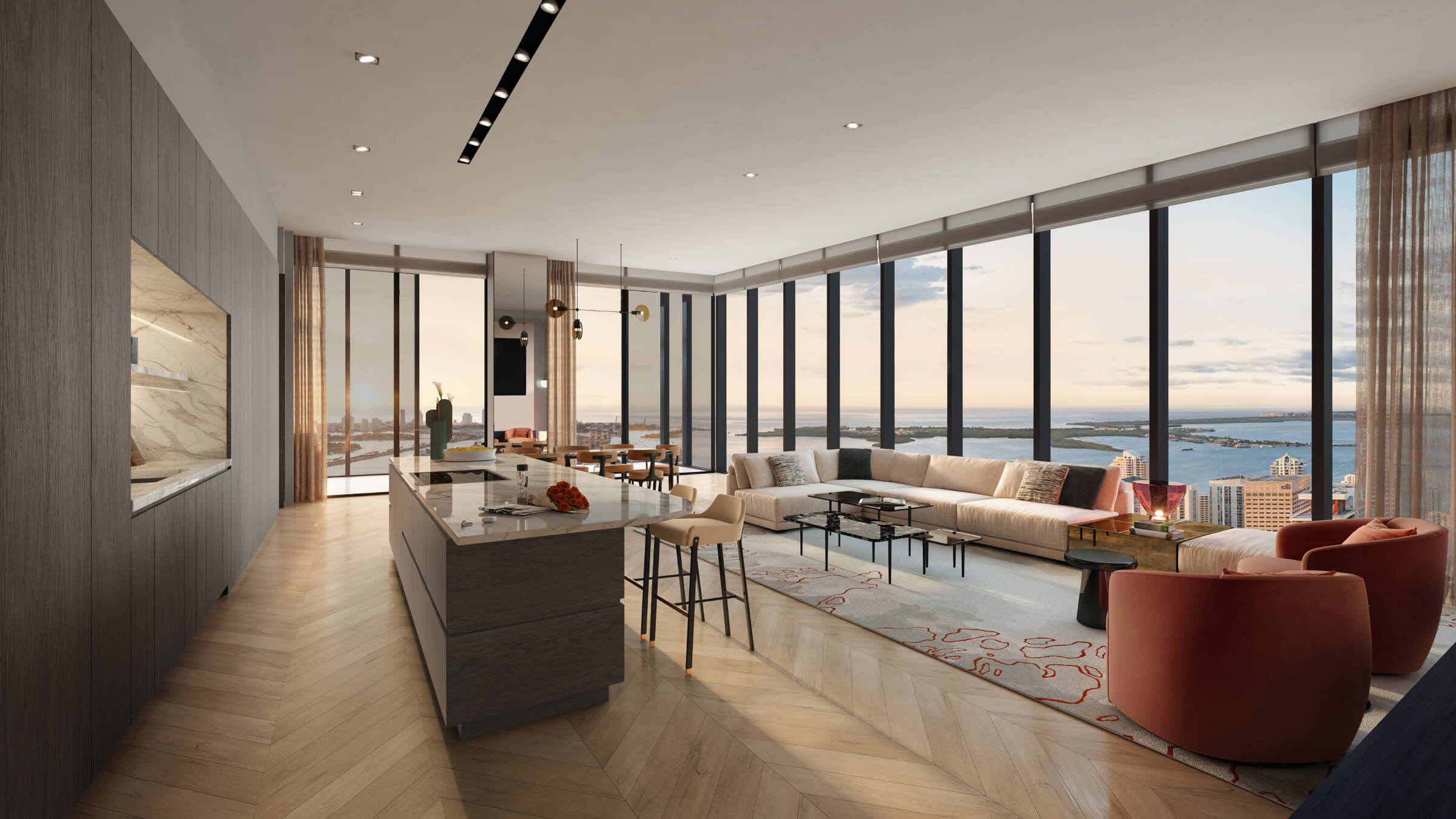 Waldorf Astoria Miami residence great room with panoramic bay views