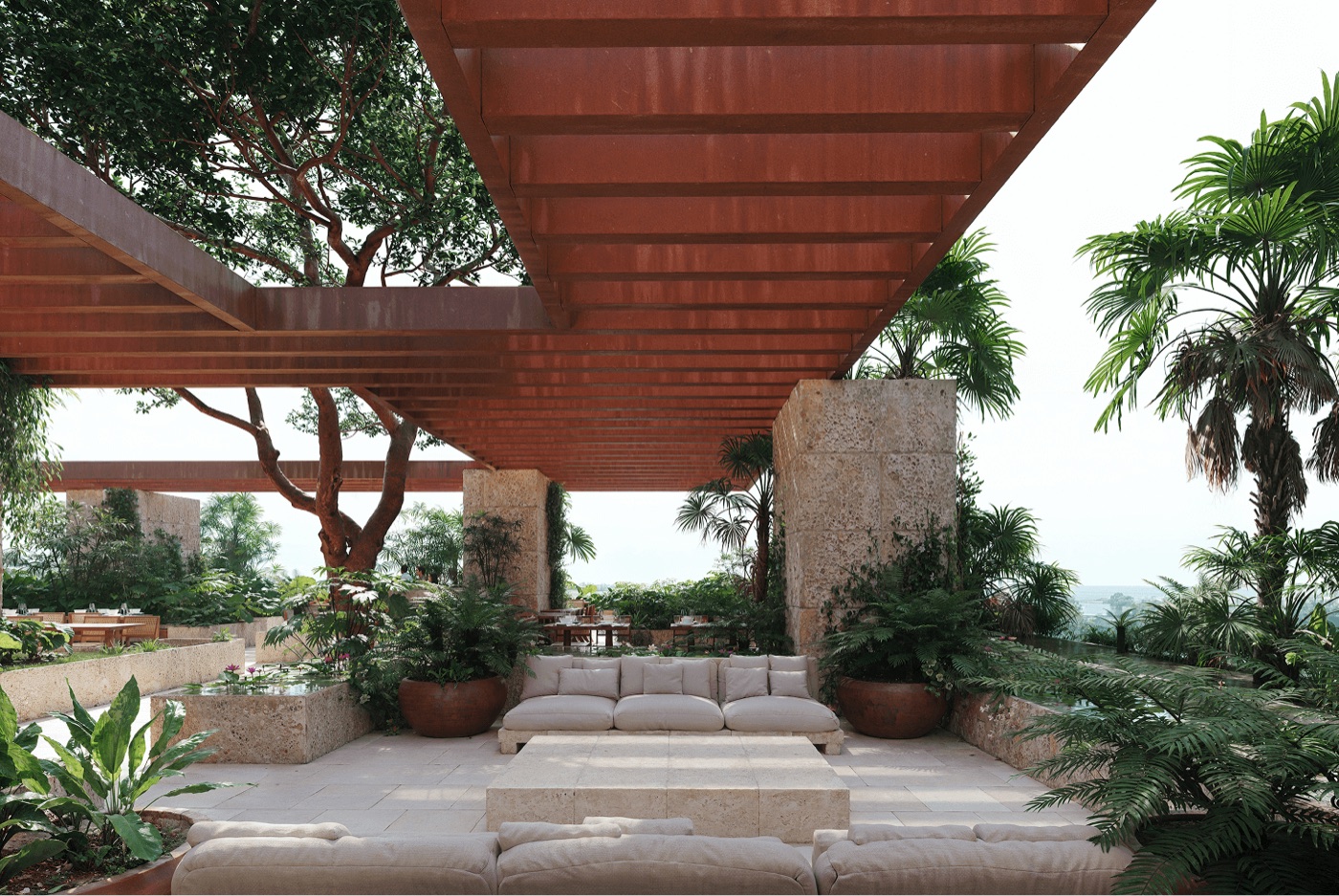 Render del nivel de amenidades de Ziggurat Coconut Grove con vegetación y piedra natural