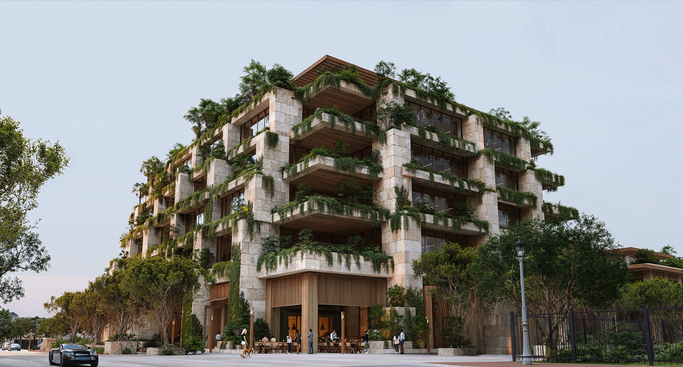Render de Ziggurat Coconut Grove de la fachada escalonada y el paseo al aire libre en Grand Avenue