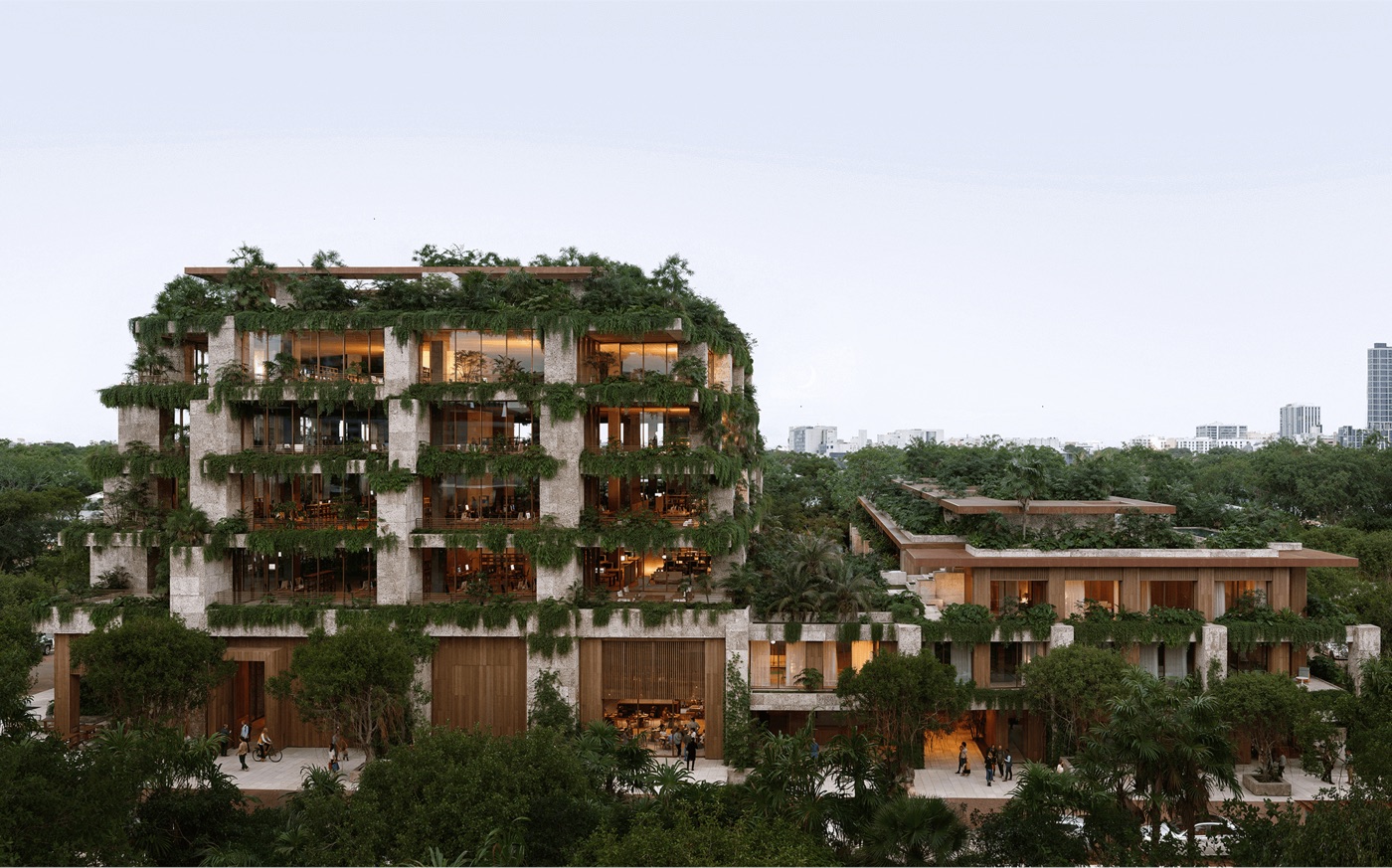 Render volumetrico de Ziggurat Coconut Grove con los edificios residencial y de oficinas en Grand Avenue y Matilda Street