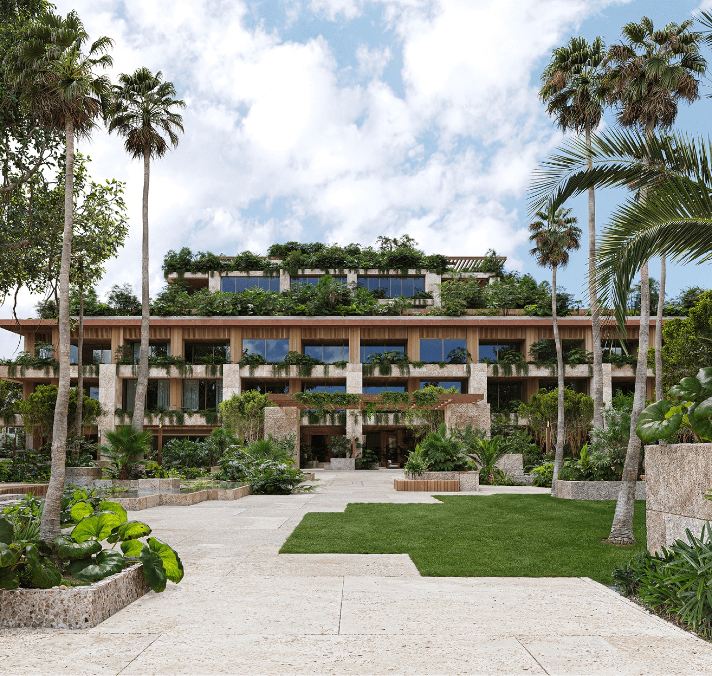 Render del interior de una residencia en Ziggurat Coconut Grove con techos de 11 pies y salida a terraza
