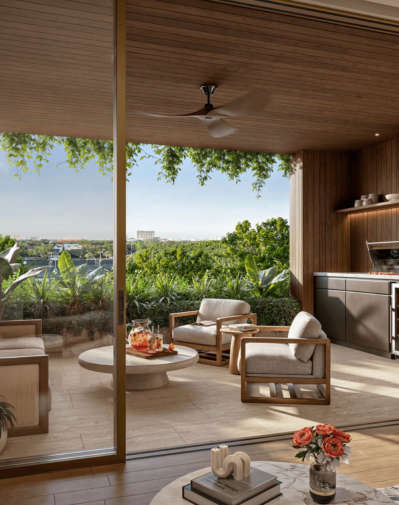 Render de terraza de Ziggurat Coconut Grove de 12 pies de profundidad con cocina de verano