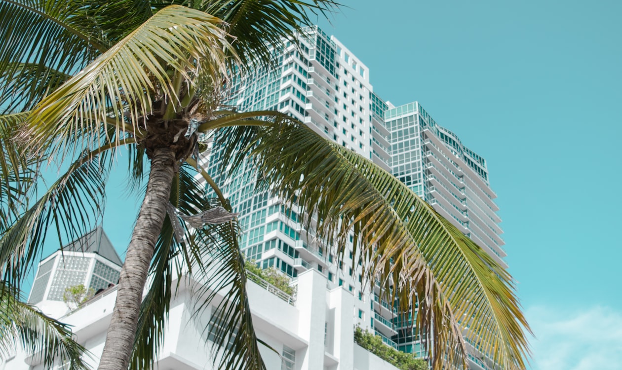 Torre de condomínios de luxo de vidro branco contra um céu limpo de Miami, o segmento de pré-construção de marca que agora se expande para North Bay Village sobre Biscayne Bay