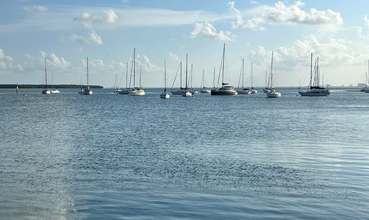 Veleros fondeados en aguas tranquilas de la bahía de Biscayne frente a Key Biscayne bajo un cielo azul