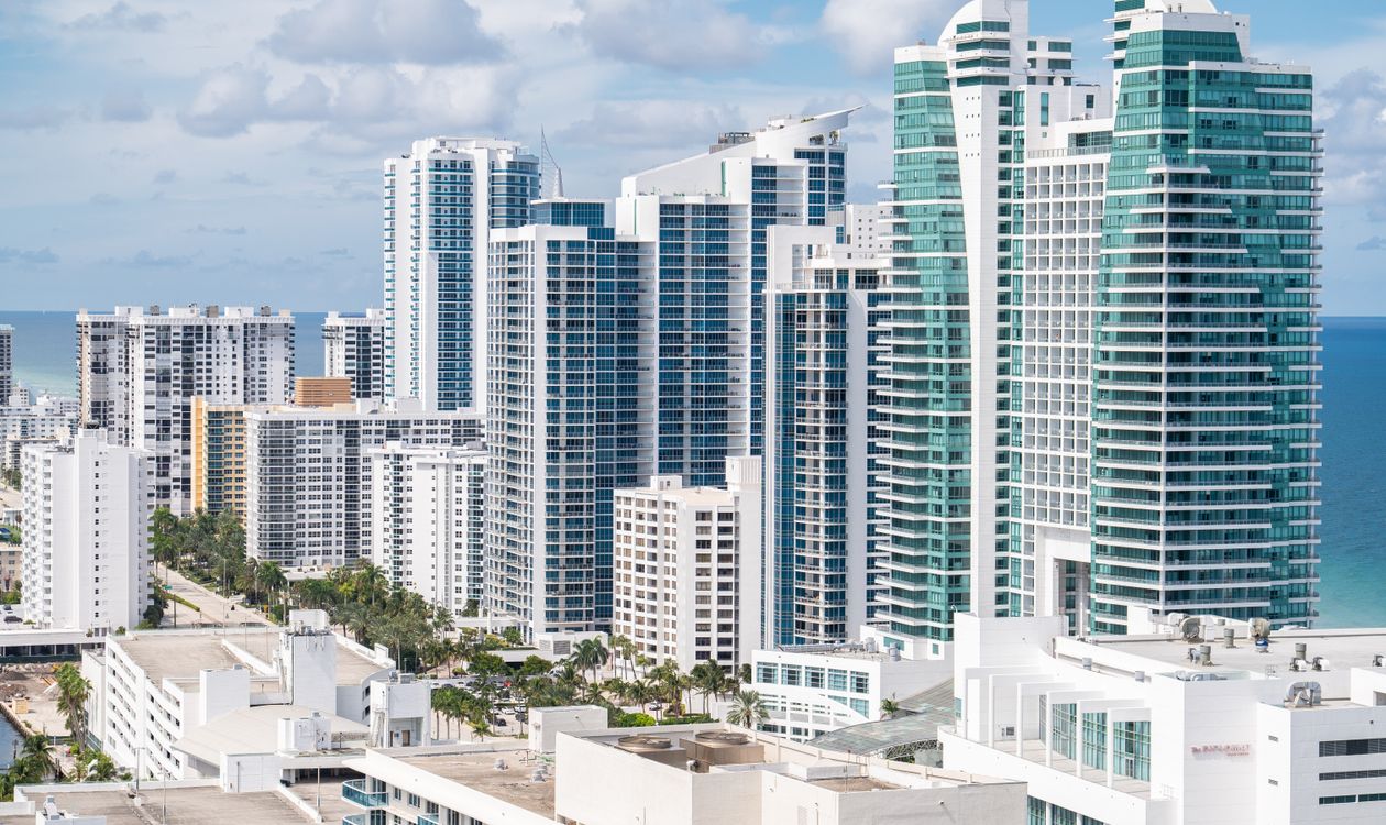 Oceanfront condominium towers along the coast in Hollywood, Broward County, Florida