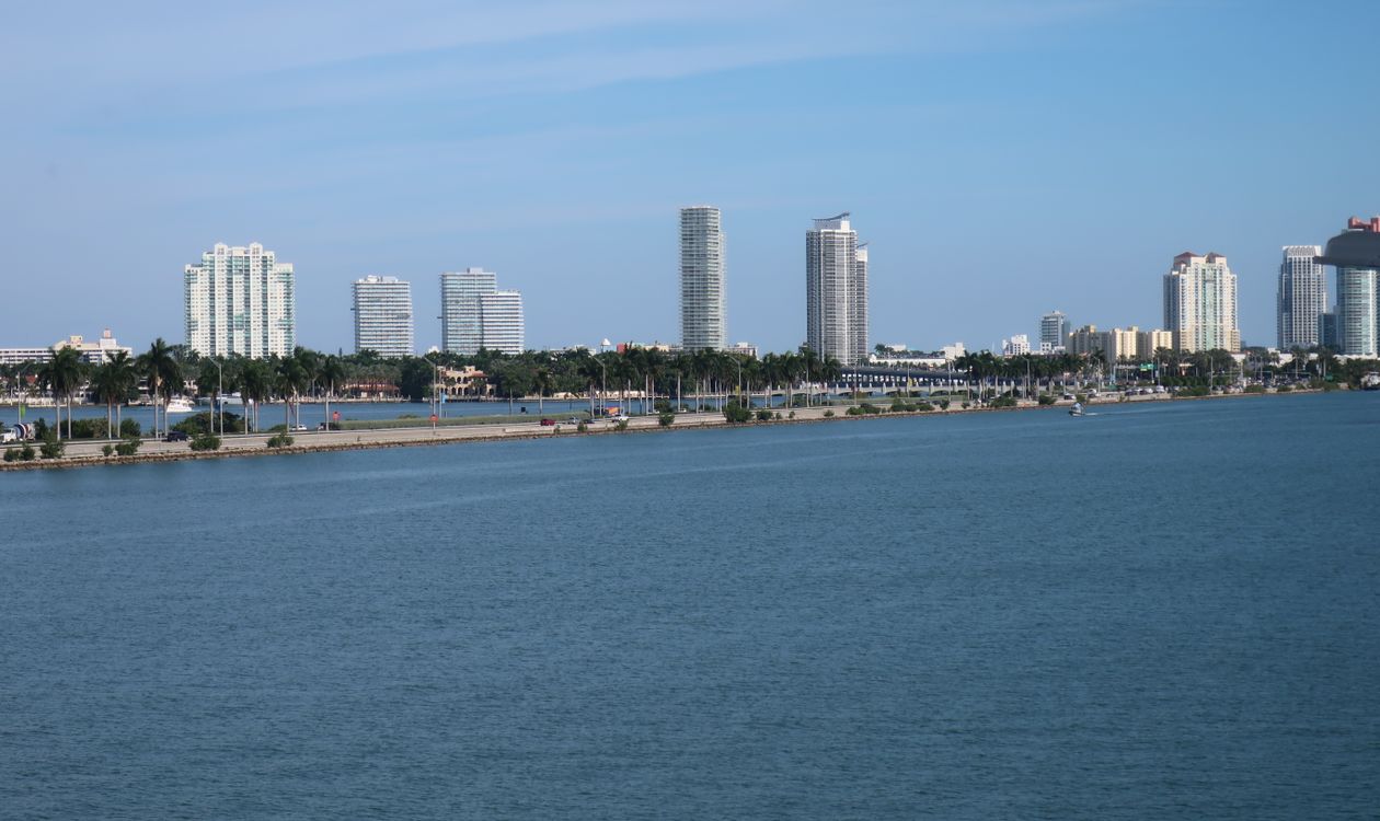 Miami condominium towers seen across Biscayne Bay from the causeway