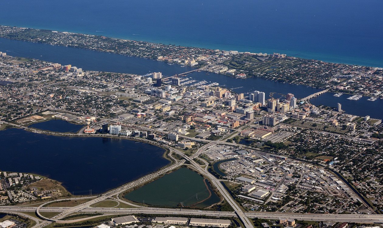 Aerial view of downtown West Palm Beach, Clear Lake and the Palm Beach barrier island