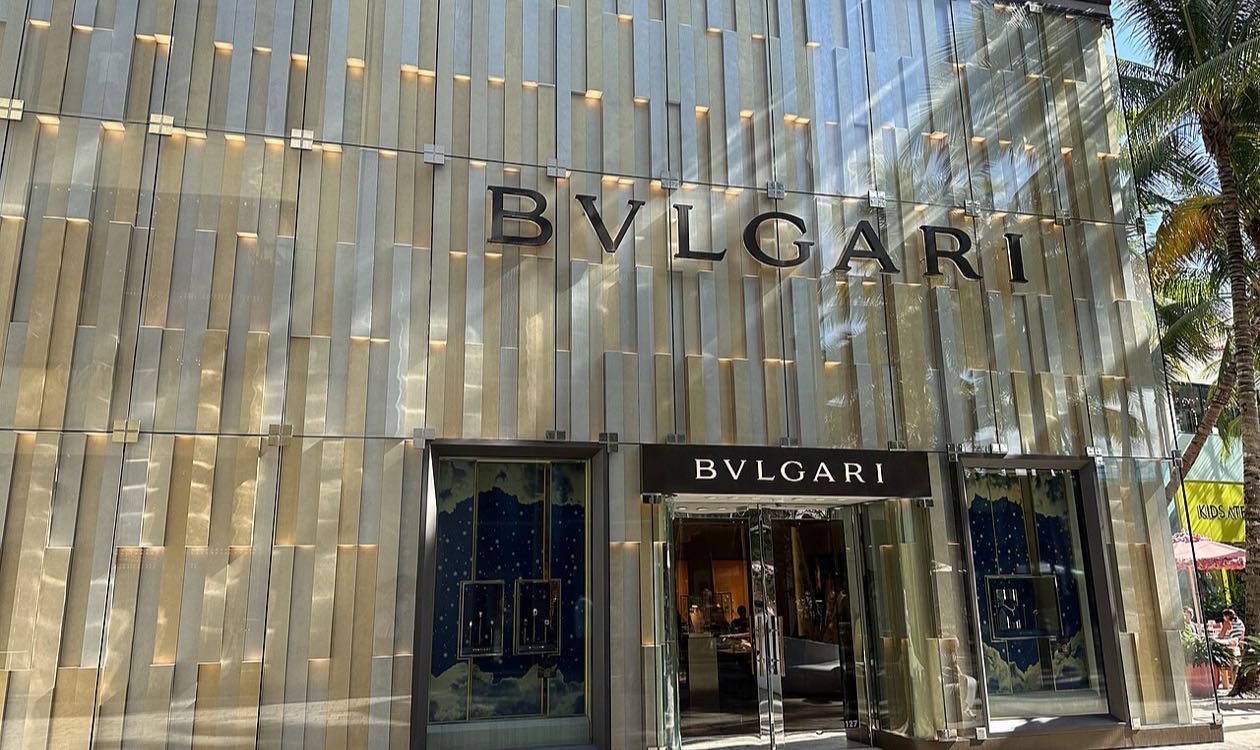 Luxury retail frontage with limestone and glass facade in the Miami Design District