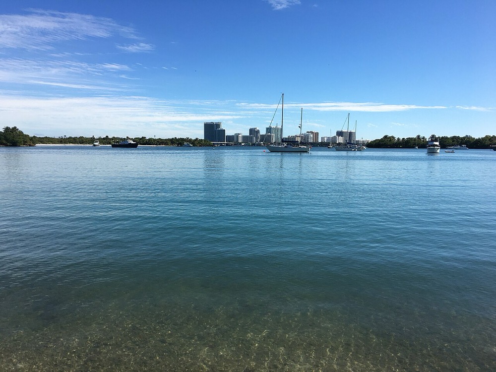 Bal Harbour condominium towers seen across Biscayne Bay in Miami-Dade County, Florida