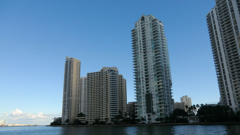 Brickell Point waterfront condominium towers seen from Biscayne Bay in Miami