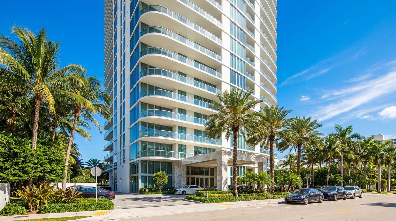 Vista a nivel de calle de una moderna torre de condominios de lujo de vidrio blanco con balcones curvos y paisajismo tropical bajo un cielo brillante de Miami