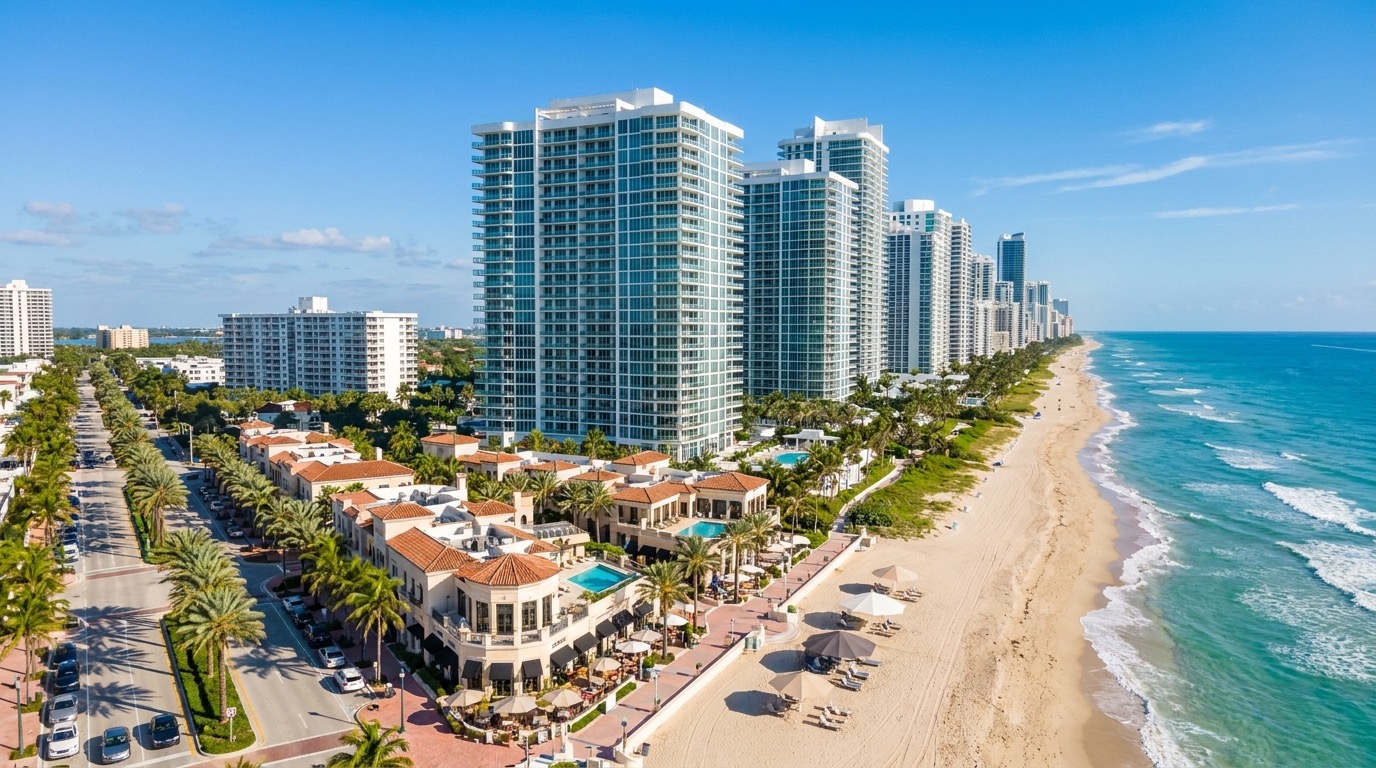 Vista aérea de torres de condos de lujo frente al mar en un enclave estilo Bal Harbour frente a una amplia playa del Atlántico con un paseo de baja altura de alto nivel cerca