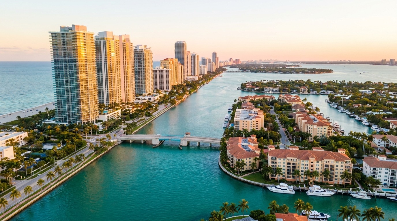 Vista aérea de dos enclaves de Miami frente al agua: torres de condos de lujo frente al mar de un lado y un vecindario de isla de baja altura con muelles privados del otro, separados por un canal y un puente