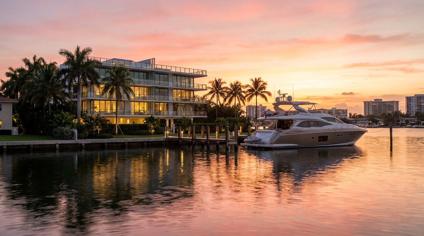 Bahía del Intracoastal estilo Bay Harbor Islands al atardecer con un muelle privado, un yate atracado y un condo boutique contemporáneo frente al agua detrás de palmeras