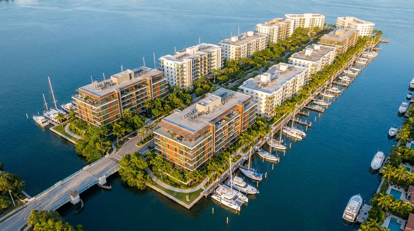 Vista aérea de un pequeño vecindario de bahía estilo Bay Harbor Islands con condos boutique de mediana altura sobre el Intracoastal, muelles privados y yates atracados