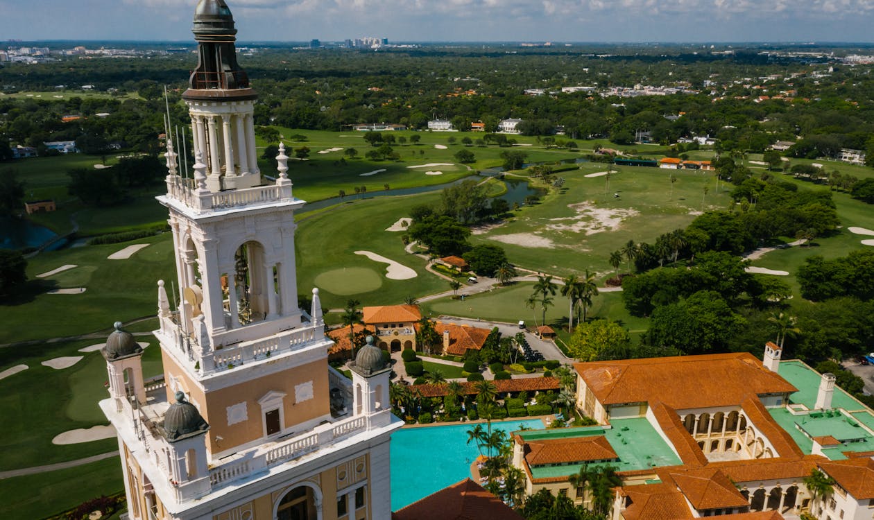 Aerial view of the Biltmore Hotel in Coral Gables Miami with Mediterranean architecture and golf course