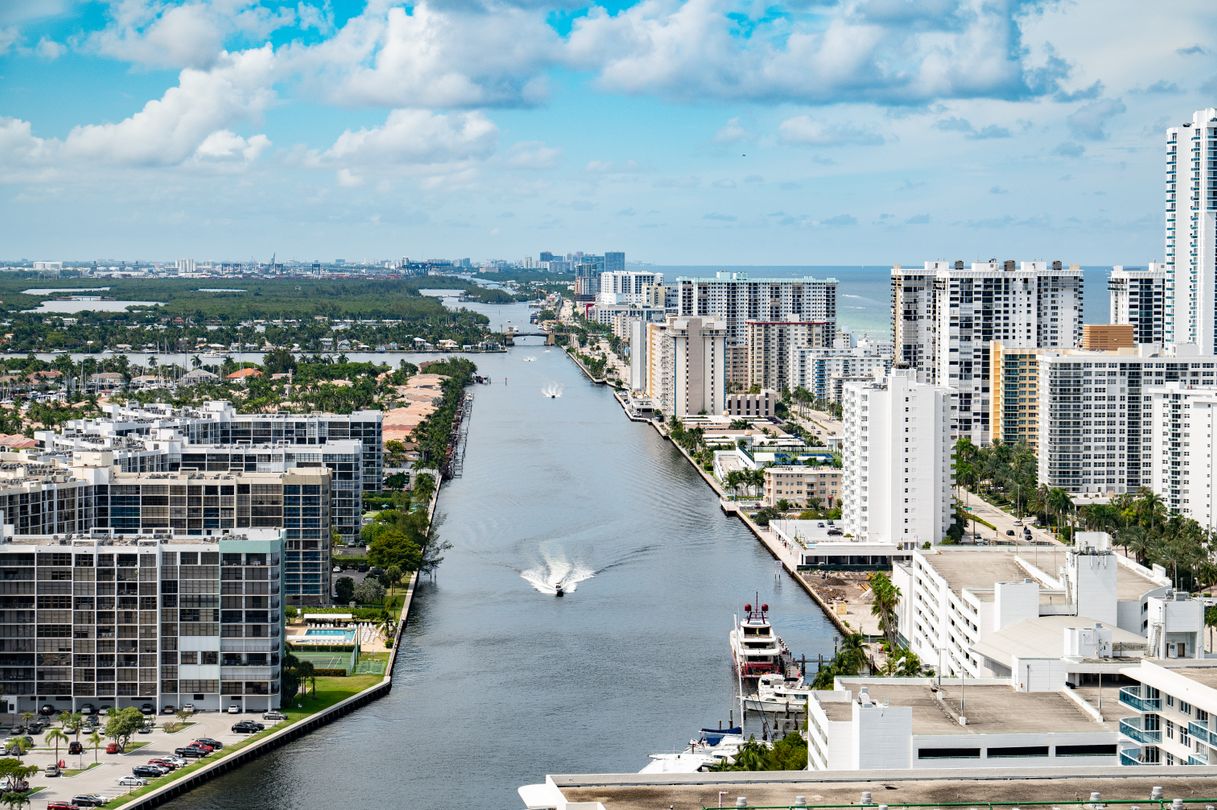 Broward County Intracoastal corridor at Hollywood, Florida, lined with the mid-rise condominium stock the new branded projects are being built against