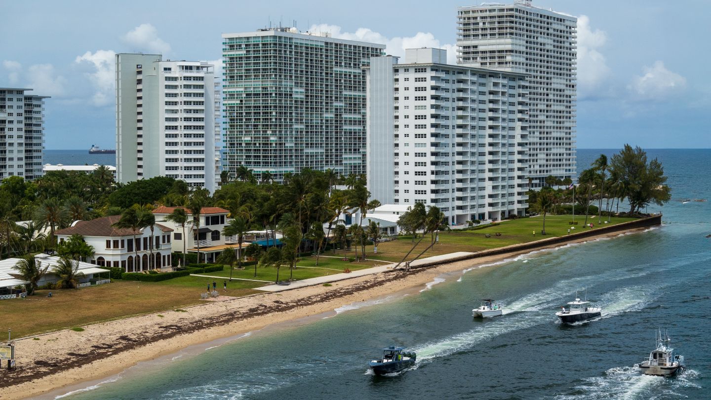 Fort Lauderdale beachfront condominium towers and waterfront homes along the inlet in Broward County