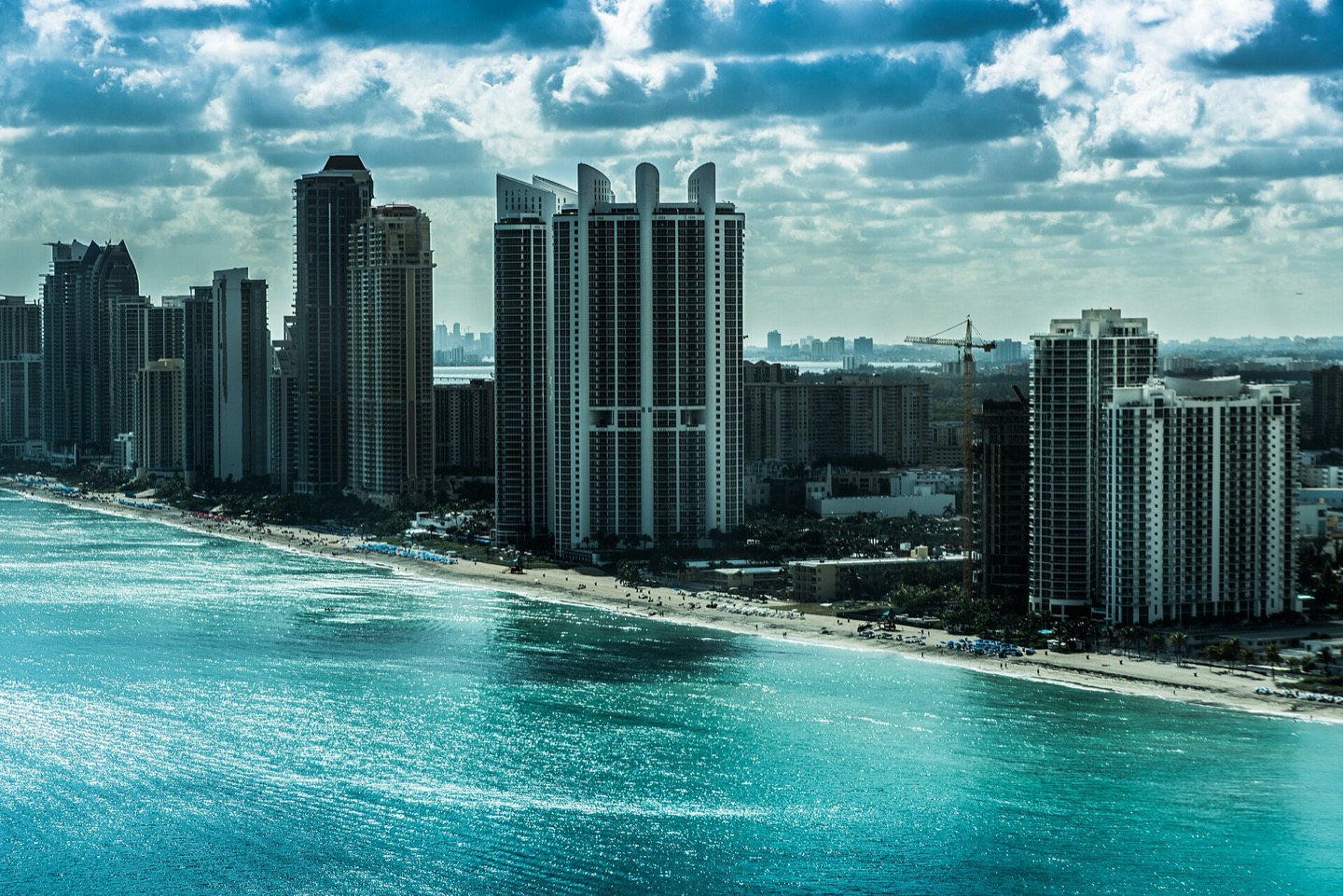 Aerial view of the Sunny Isles Beach oceanfront condominium tower wall in Miami-Dade County, Florida