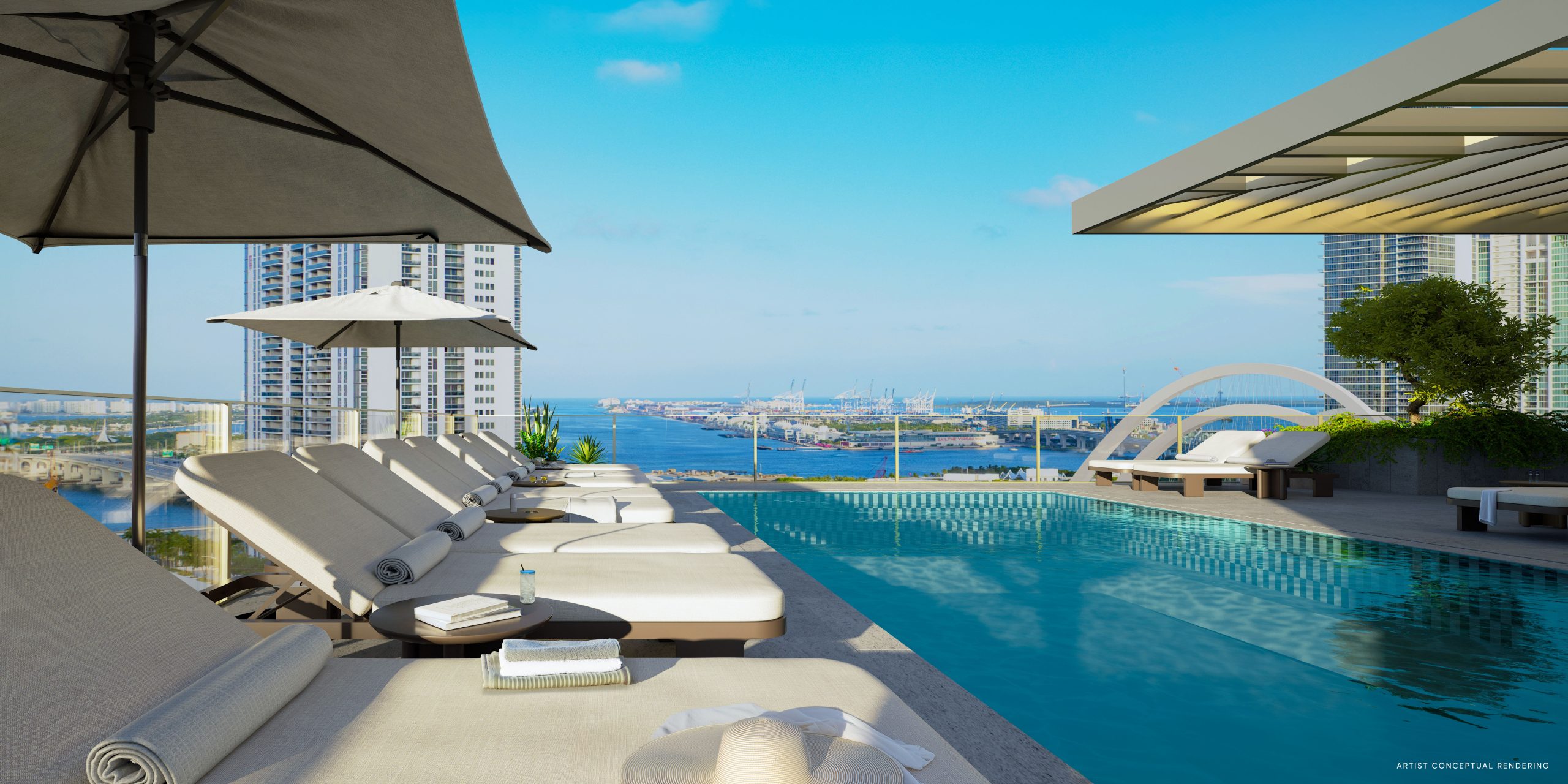 Renderizado de la piscina en la azotea de 14 ROC con vistas a Biscayne Bay