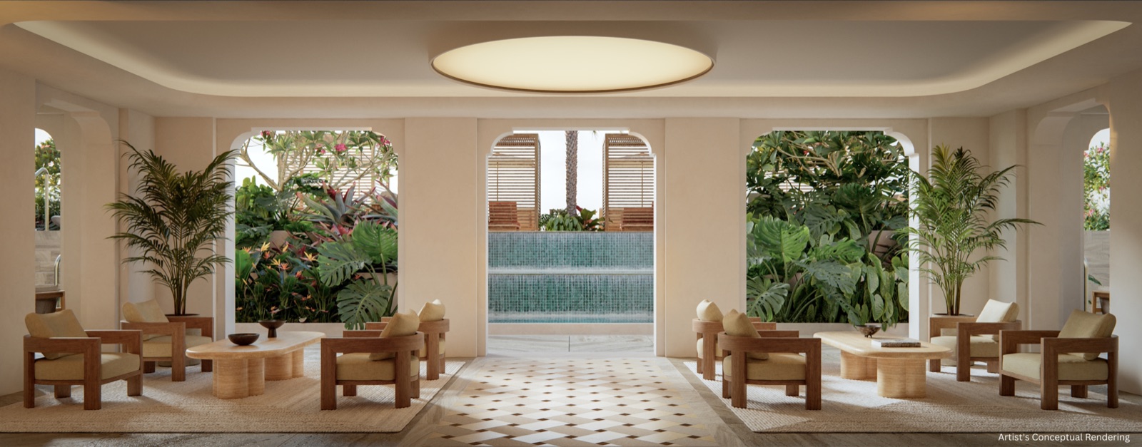 Renderização do lobby de elevadores do Alhambra Parc, edifício de uso misto em Coral Gables