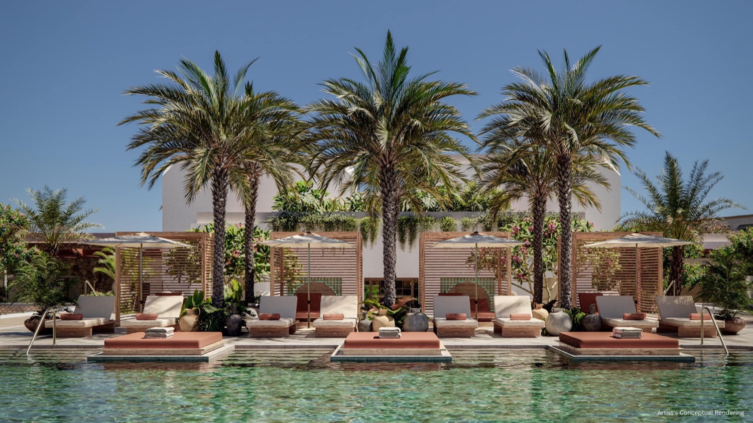 Renderização do deck de piscina estilo resort do Alhambra Parc em Coral Gables