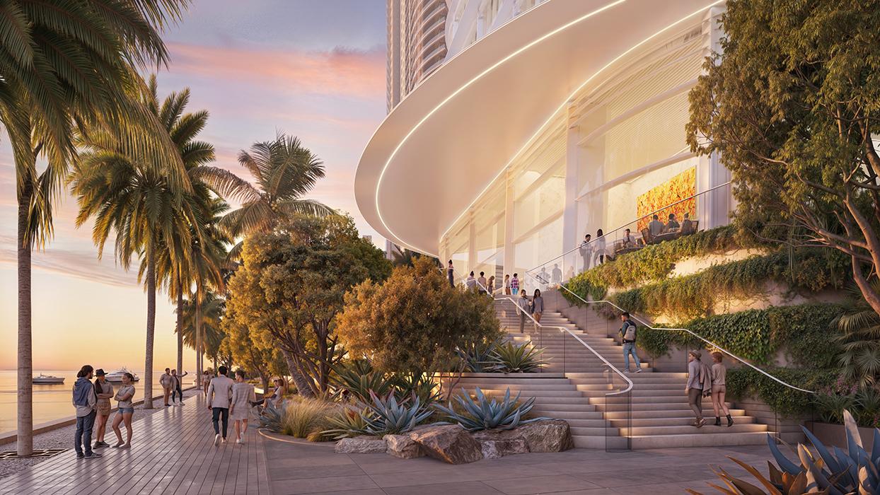 Rendering of the Citadel tower from the Brickell baywalk at 1201 Brickell Bay Drive, Miami