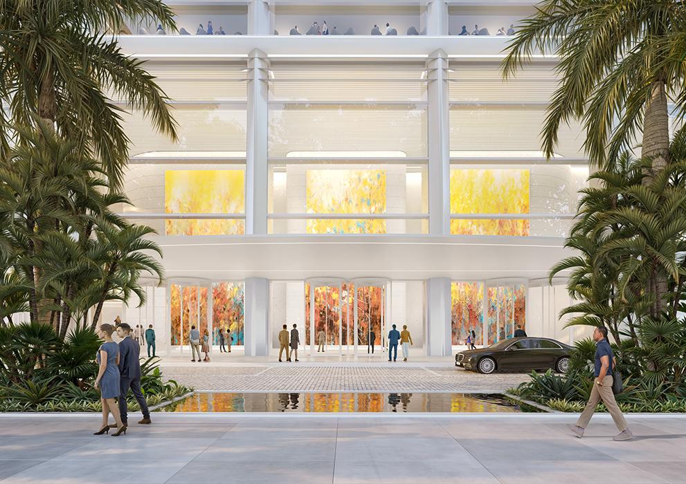 Street-level arrival rendering of the Citadel Global Headquarters tower in Brickell, Miami