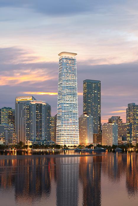 Dusk rendering of the 54-story Citadel tower on Brickell Bay Drive in Miami