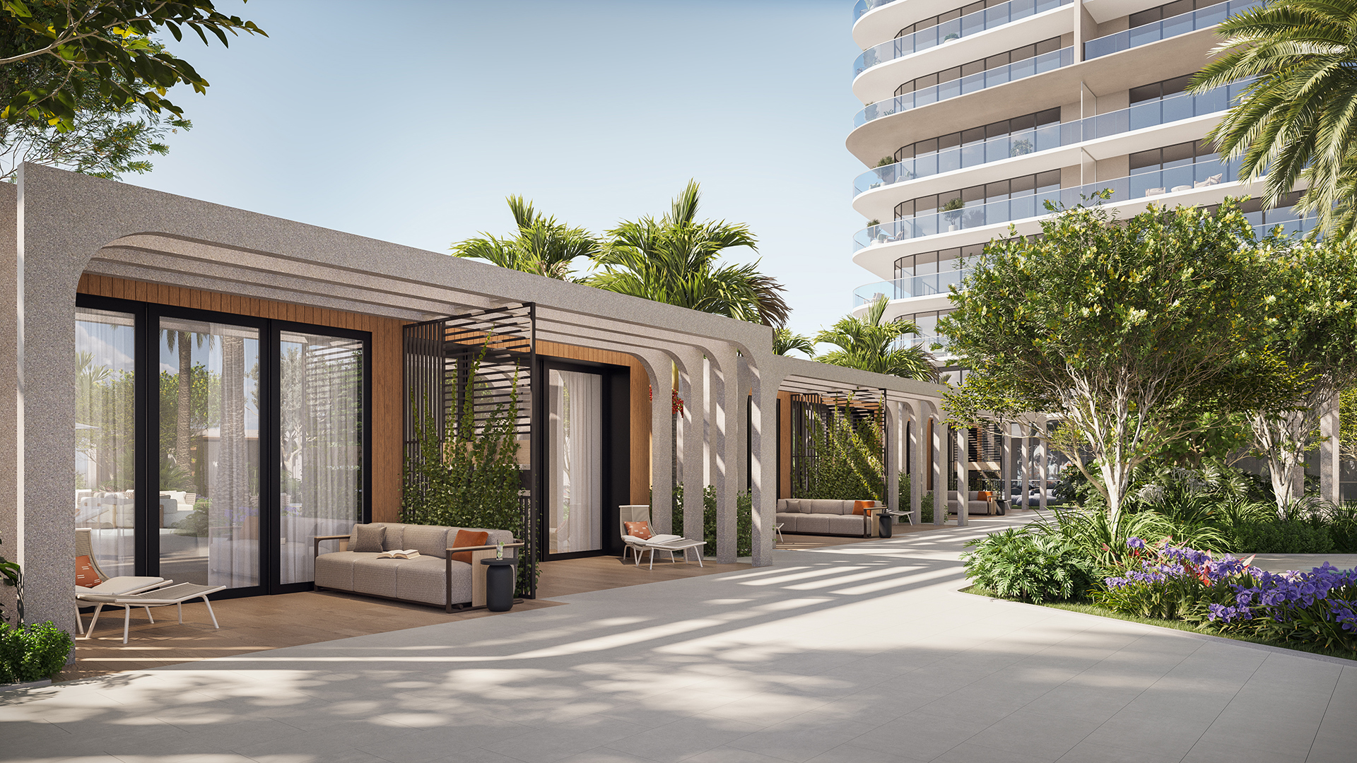 Render das cabanas privativas do Icon Beach no clube de praia para residentes