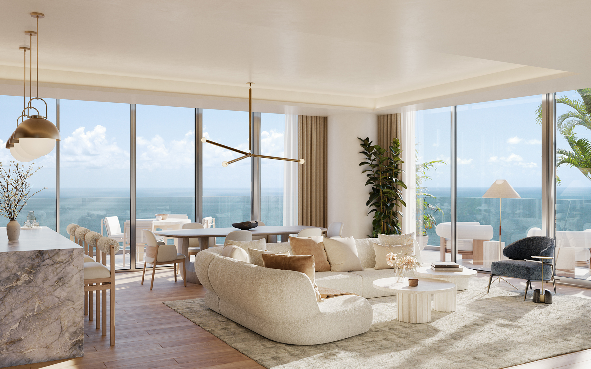 Render da sala de uma residência do Icon Beach com vidros do piso ao teto e vista para a água