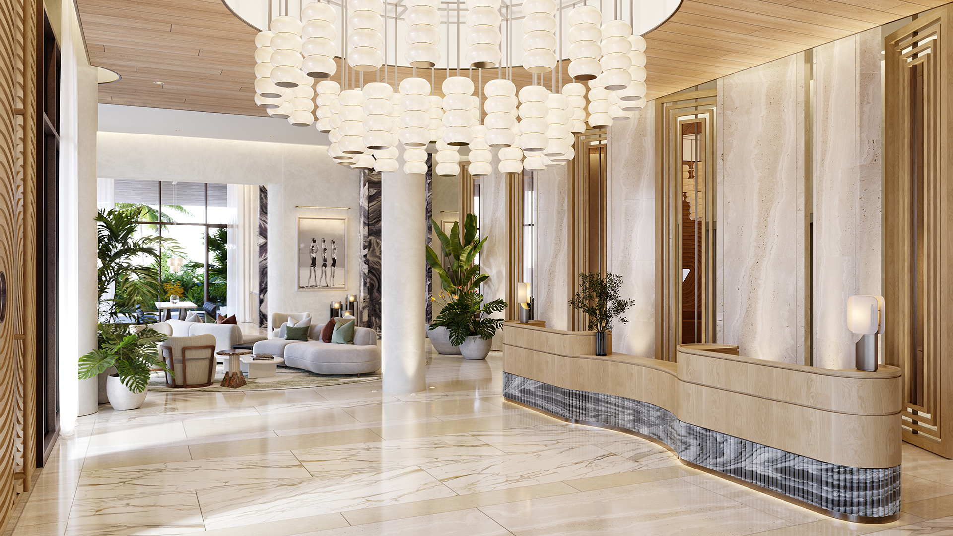 Render do lobby do Icon Beach, espaço de chegada em tons costeiros em Hollywood Flórida
