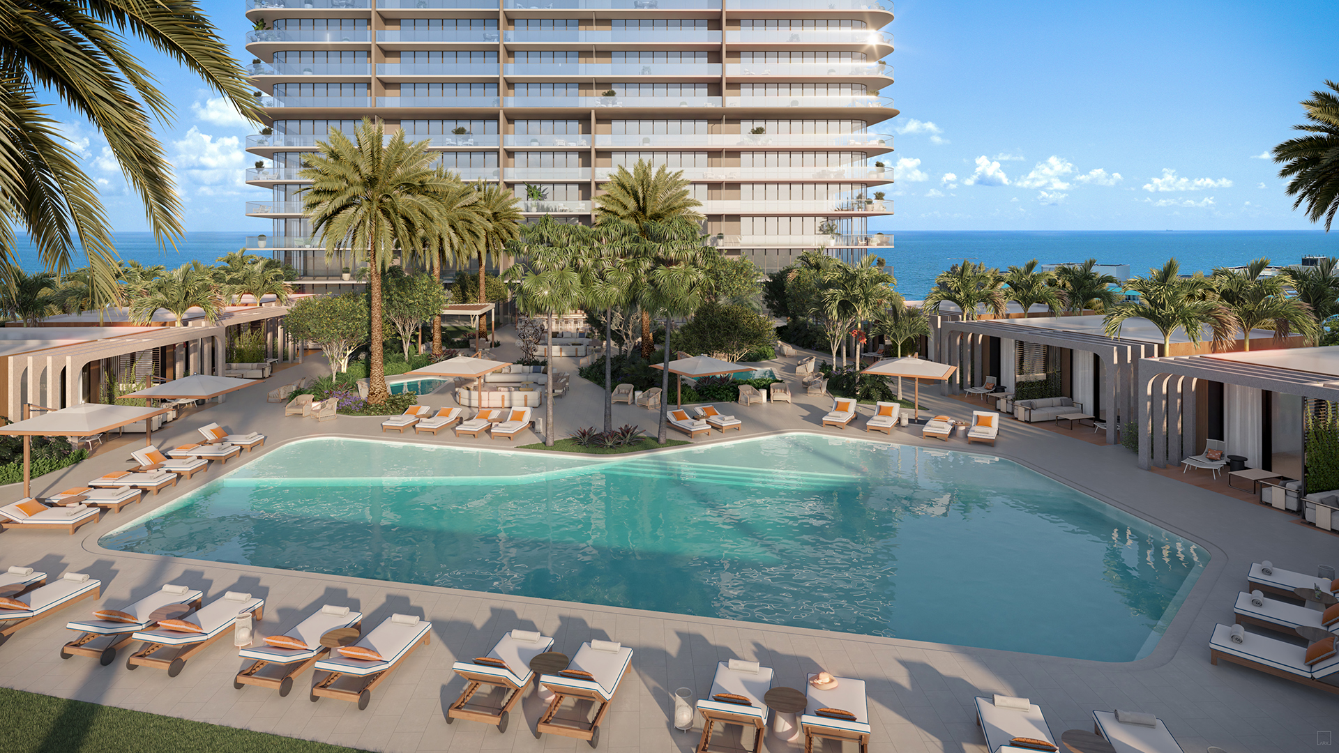 Render aéreo do deck da piscina do Icon Beach, nível de amenidades à beira-mar em Hollywood Flórida